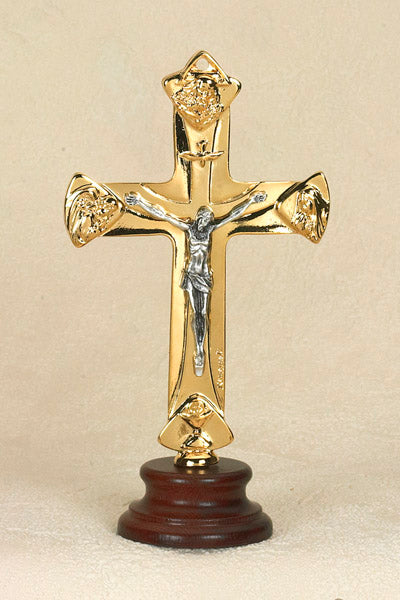 6 Inch Gold and Silver Trinity Cross on Wood Base Boxed