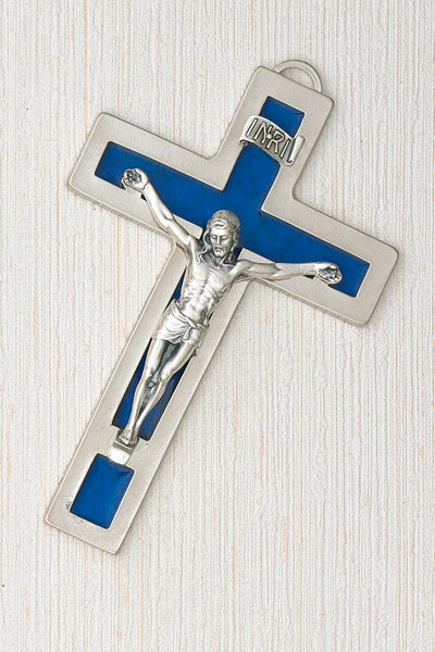 Silver Hanging Cross with Blue Inlay 5 inch