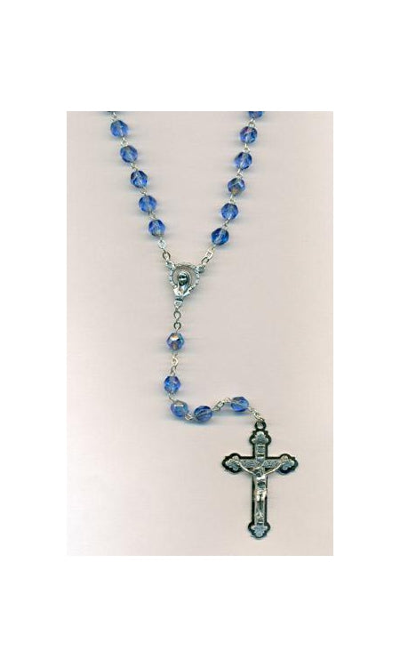 6mm Sapphire Glass Rosary with triple layer Crucifix Boxed