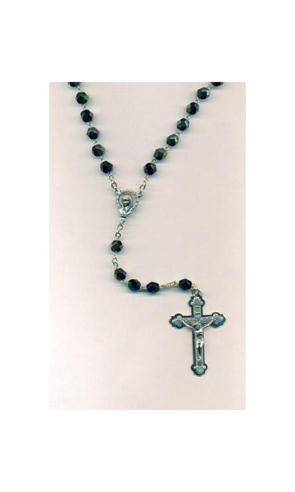 6mm Black Glass Rosary with triple layer Crucifix Boxed