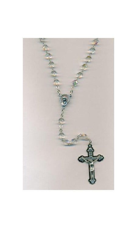 6mm Clear Glass Rosary with triple layer Crucifix Boxed