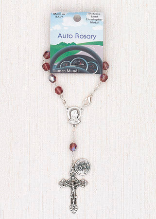 4-Pack - 6mm Glass Amethyst Auto Rosary with Premium Centerpiece and Crucifix with Saint Christopher Pendant