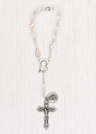 4-Pack - 6mm Glass Clear Auto Rosary with Premium Centerpiece and Crucifix with Saint Christopher Pendant