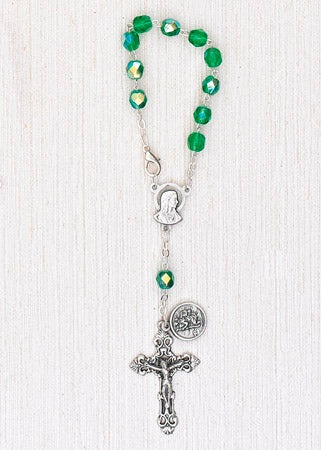 4-Pack - 6mm Glass Green Auto Rosary with Premium Centerpiece and Crucifix with Saint Christopher Pendant