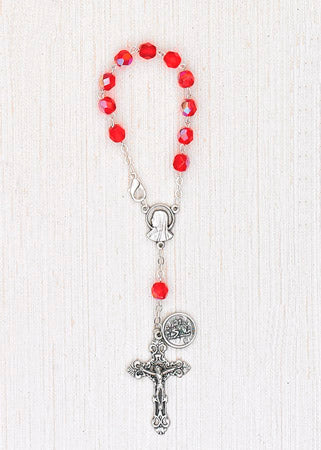 4-Pack - 6mm Glass Red Auto Rosary with Premium Centerpiece and Crucifix with Saint Christopher Pendant