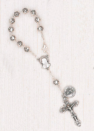 4-Pack - 6mm Silver Rose Auto Rosary with Premium Centerpiece and Crucifix with Saint Christopher Pendant