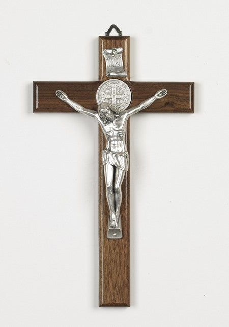 10 inch Nut Wood Saint Benedict Crucifix with Silver Corpus Boxed