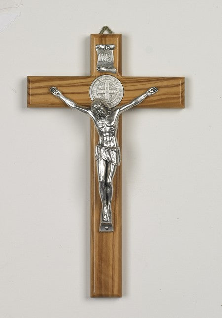 10 inch Olive Wood Saint Benedict Crucifix with Silver Corpus Boxed