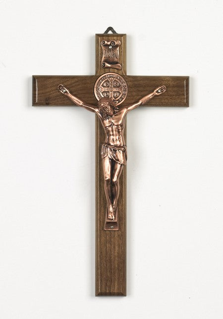 10 inch Nut Wood Saint Benedict Crucifix with Bronze Corpus Boxed