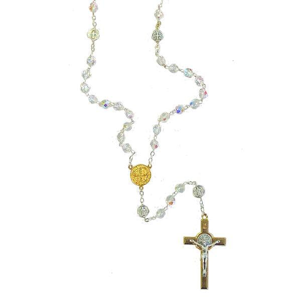 Saint Benedict Clear Crystal Rosary with Gold-tone Center