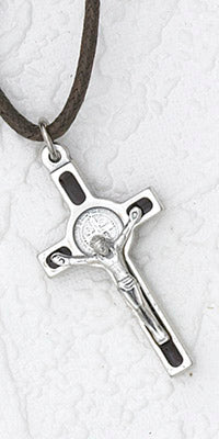12-Pack - Saint Benedict Cross- Black (Small) with Silver Corpus with cord