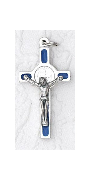 25-Pack - 1 Inch Saint Benedict Cross- Blue (Small) and Silver Corpus