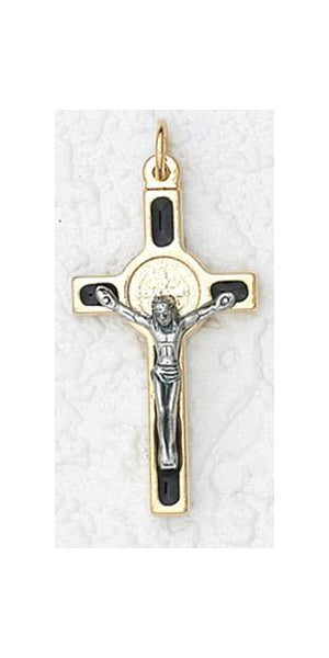 12-Pack - 1 Inch Saint Benedict Cross - Black (Small) Gold Trim and Gold Corpus