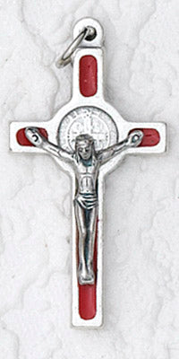 12-Pack - 1 Inch Saint Benedict Cross- Red (Small) Silver Trim and Silver Corpus with Cord