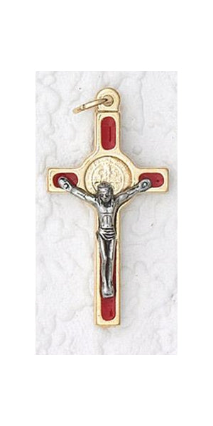 12-Pack - 1 Inch Saint Benedict Cross- Red (Small) Gold Trim and Gold Corpus