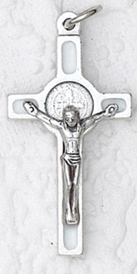 12-Pack - Saint Benedict Cross- White (Small) Silver Trim- with Cord