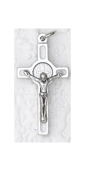 12-Pack - 1 Inch Saint Benedict Cross- White (Small) Silver Trim with Silver Corpus