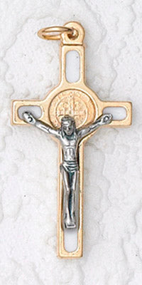 12-Pack - Saint Benedict Cross- White (Small) Gold Trim- with Cord