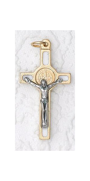 12-Pack - 1 Inch Saint Benedict Cross- White (Small) Gold Trim and Gold Corpus
