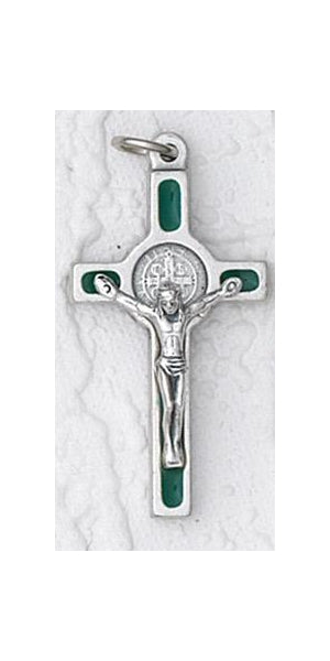 12-Pack - 1 Inch Saint Benedict Cross- Green (Small) Silver Trim with Silver Corpus