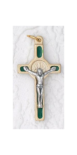 12-Pack - 1 Inch Saint Benedict Cross- Green(Small) Gold Trim and Gold Corpus