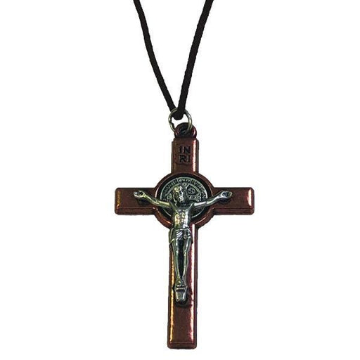 3 inch Saint Benedict Wooden Cross with Bronze-tone Crucifix and Black Cord