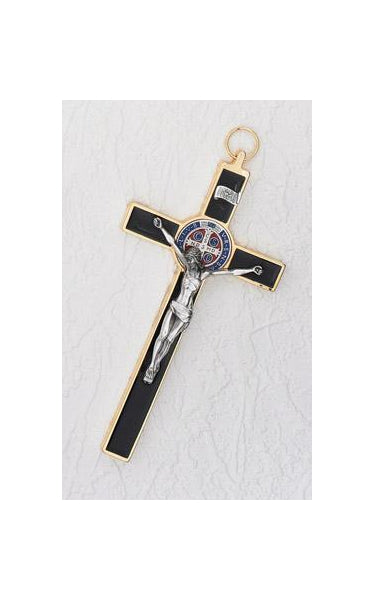 8 Inch Black and Gold Enamel Saint Benedict Cross