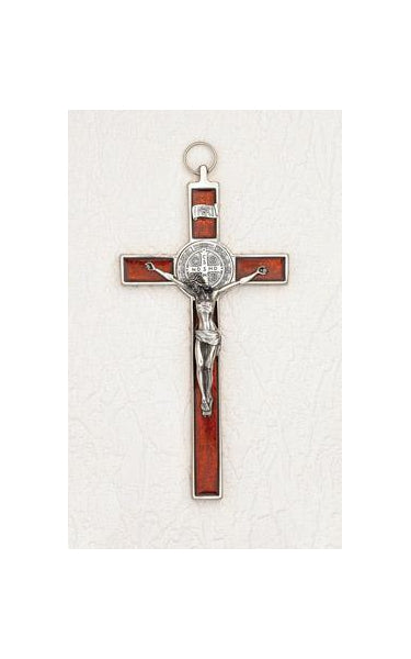 8 inch Pearl Orange Red Saint Benedict Crucifix Boxed