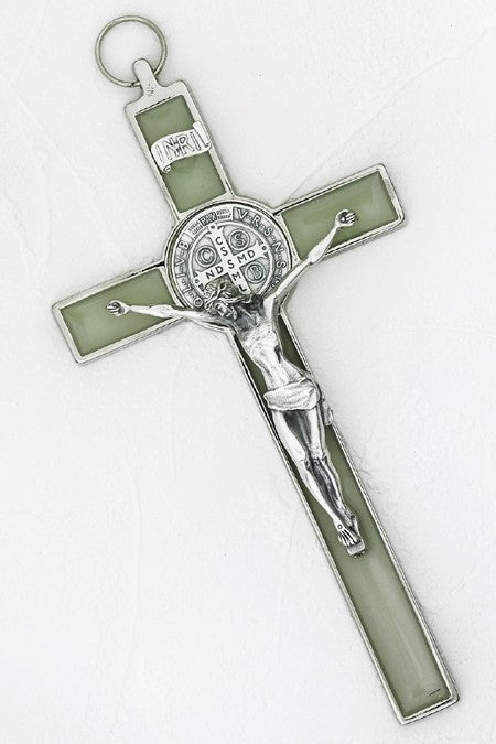 8 inch Luminous Silver Saint Benedict Hanging Crucifix Boxed