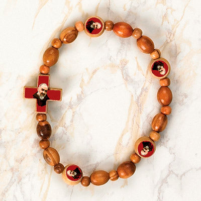 6-Pack - Padre Pio Wooden Cord Bracelet with enameled pictures of Padre Pio and 8mm beads
