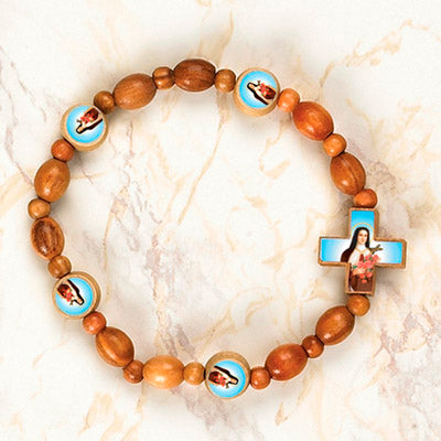 6-Pack - StTherese Wooden Cord Bracelet with enameled pictures of Saint Therese and 6mm beads
