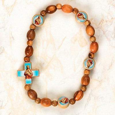6-Pack - Sacred Heart of Jesus Wooden Cord Bracelet with enameled pictures and 6mm beads