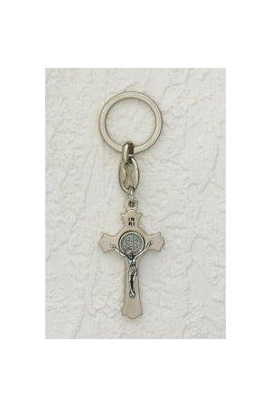 6-Pack - 2-inch Saint Benedict Key Ring Cross - SILVER and SILVER