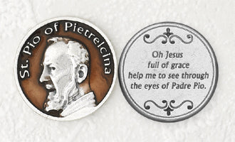 12-Pack - Brown Enameled Padre Pio Token with Prayer Silver Plated
