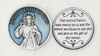 12-Pack - Light Blue Enameled Divine Mercy Token with Prayer Silver Plated