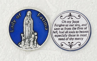 25-Pack - Blue Enameled Lady of Fatima Token with Prayer Silver Plated