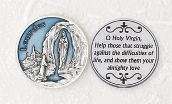 12-Pack - Light Blue Enameled Lady of Lourdes Token with Prayer Silver Plated