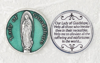 12-Pack - Green Enameled Lady of Guadalupe Token with Prayer Silver Plated