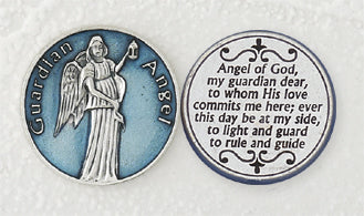 12-Pack - Light Blue Enameled Guardian Angel Token with Prayer Silver Plated