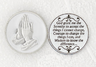 12-Pack - White Enameled Serenity Prayer Token with Prayer Silver Plated