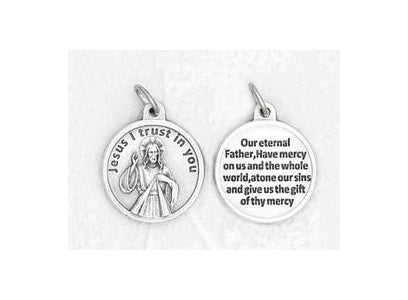 25-Pack - 3/4 inch Silver Plated Devine Mercy Pendant with Prayer on back
