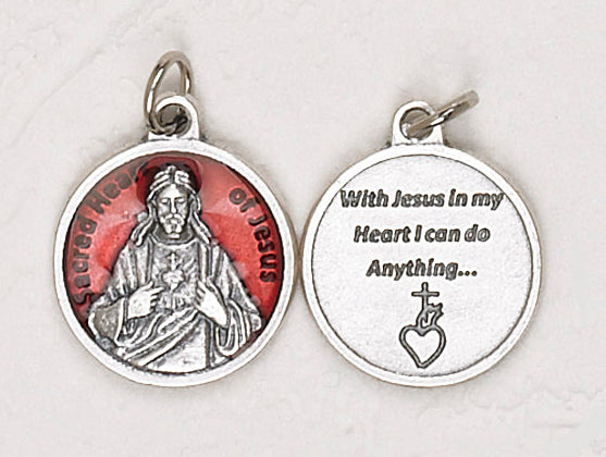12-Pack - Sacred Heart Red Enameled 3/4 inch Pendant with prayer on back