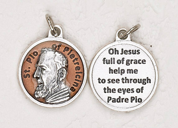 12-Pack - Saint Pio of Pietrelcina Brown Enameled 3/4 inch Pendant with prayer on back