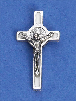 12-Pack - Saint Benedict Crucifix (White/Silver) lapel Pin 3/4-inch