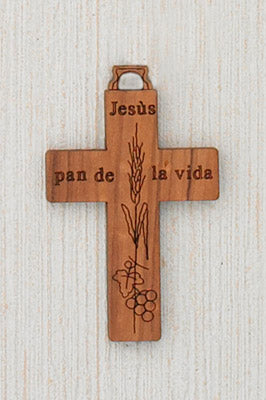 12-Pack - 1-1/4-inch Wood Cross with 'Pan de la vida' writing in Spanish Corded