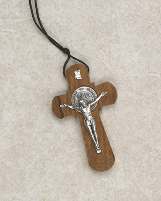 3 inch Wood Saint Benedict Cross with Cord and Leaflet