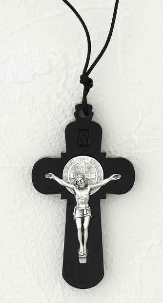 3 inch Black Wood Saint Benedict Cross with Cord and Leaflet