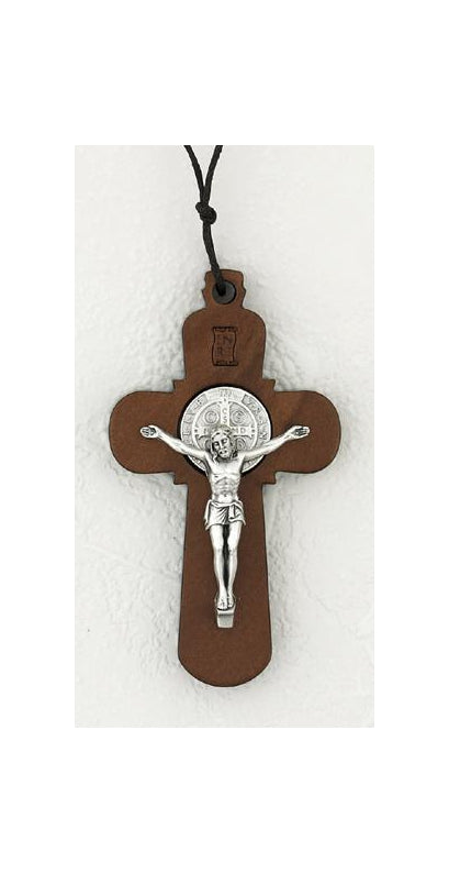 3 inch Brown Wood Saint Benedict Cross with Cord and Leaflet