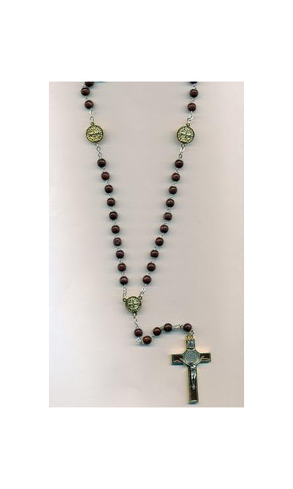 8 mm Saint Benedict Brown Wood Rosary- 18K Gold Plated Boxed