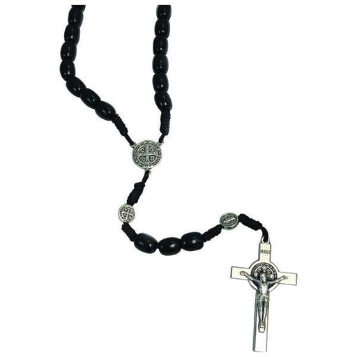 Saint Benedict Black Wood Rosary, Silver-tone